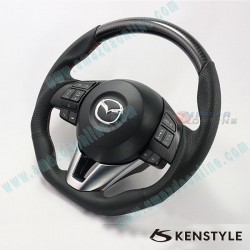 Kenstyle Flat Bottomed Leather and Carbon Fibre with double stitching Steering Wheel fits 13-16 Mazda2, 3, CX-3, CX-5 MA07