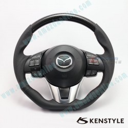 Kenstyle Flat Bottomed Leather and Carbon Fibre with double stitching Steering Wheel fits 13-16 Mazda2, 3, CX-3, CX-5 MA07