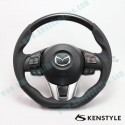 Kenstyle Flat Bottomed Leather and Carbon Fibre with double stitching Steering Wheel fits 13-16 Mazda2, 3, CX-3, CX-5 MA07