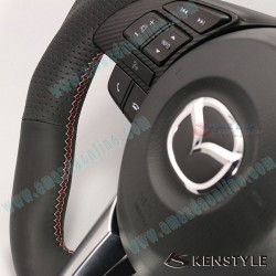 Kenstyle Flat Bottomed Leather and Carbon Fibre with double stitching Steering Wheel fits 13-16 Mazda2, 3, CX-3, CX-5 MA07